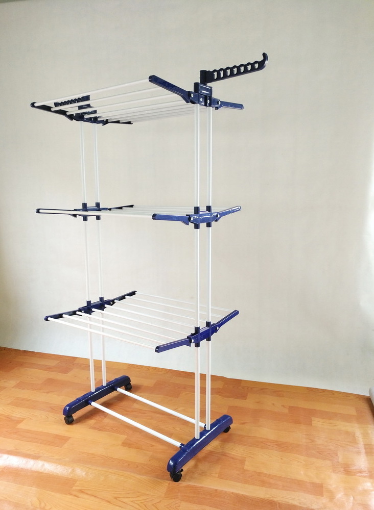 BS-8031 multipurpose easy move layers foldable and duty baby clothes garments hanging dryer metal cloth hanger rack with wheels