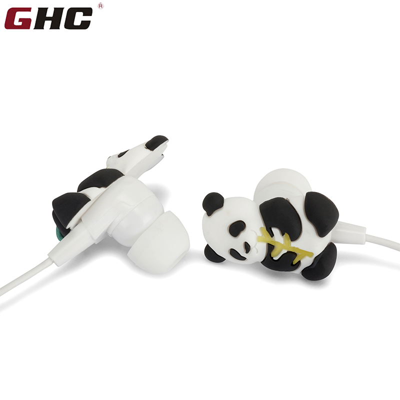 Free sample custom gift box cute cartoon panda mobile phone earphones wired headphone with mic