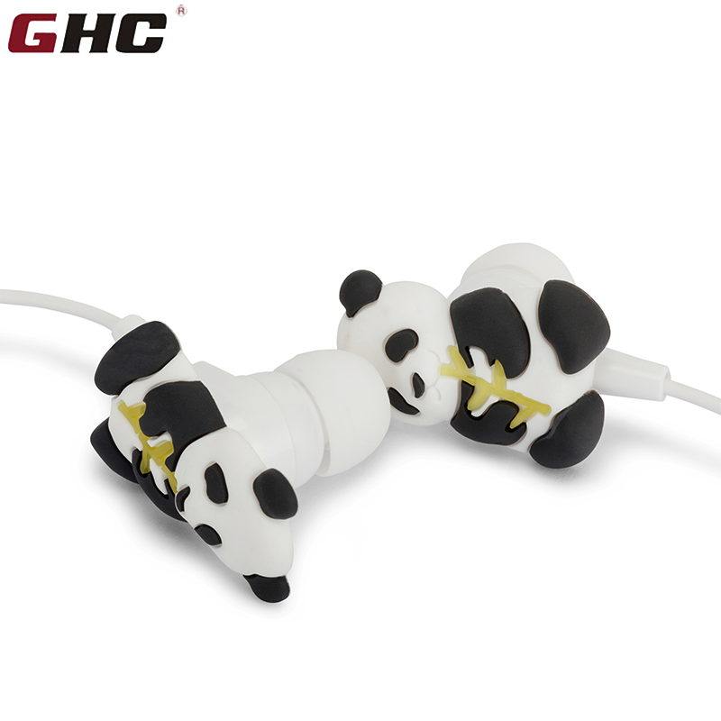 Free sample custom gift box cute cartoon panda mobile phone earphones wired headphone with mic