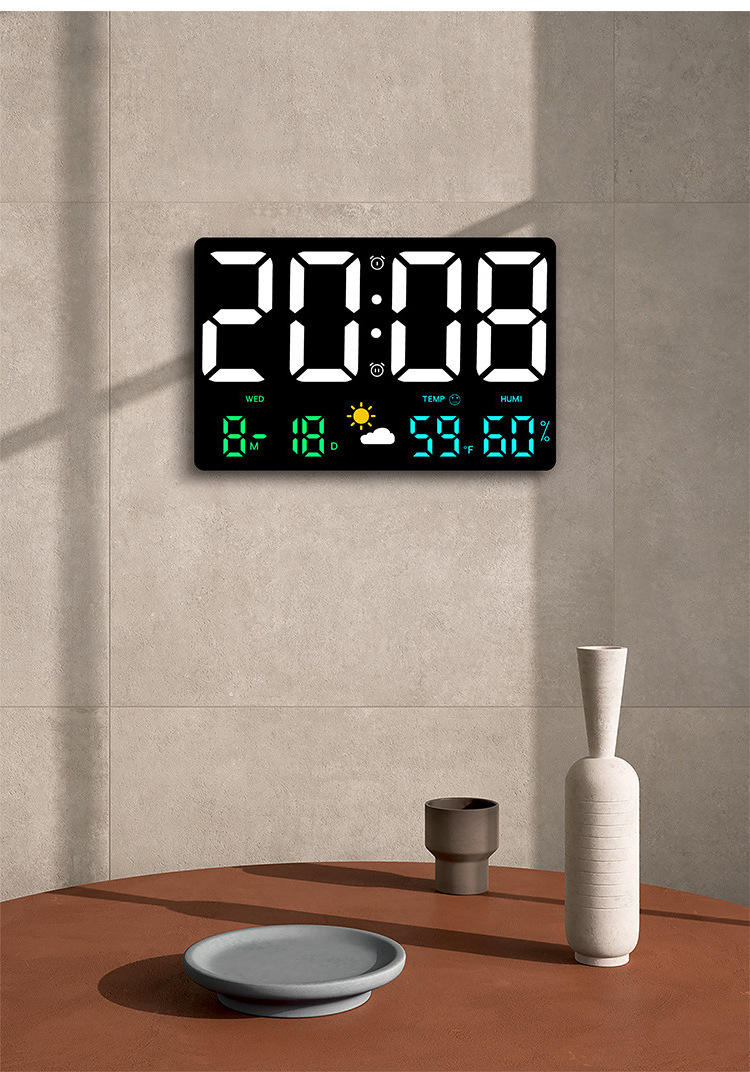 led digital wall clock with large display with day and date home weather station temperature humidity smart desktop clock