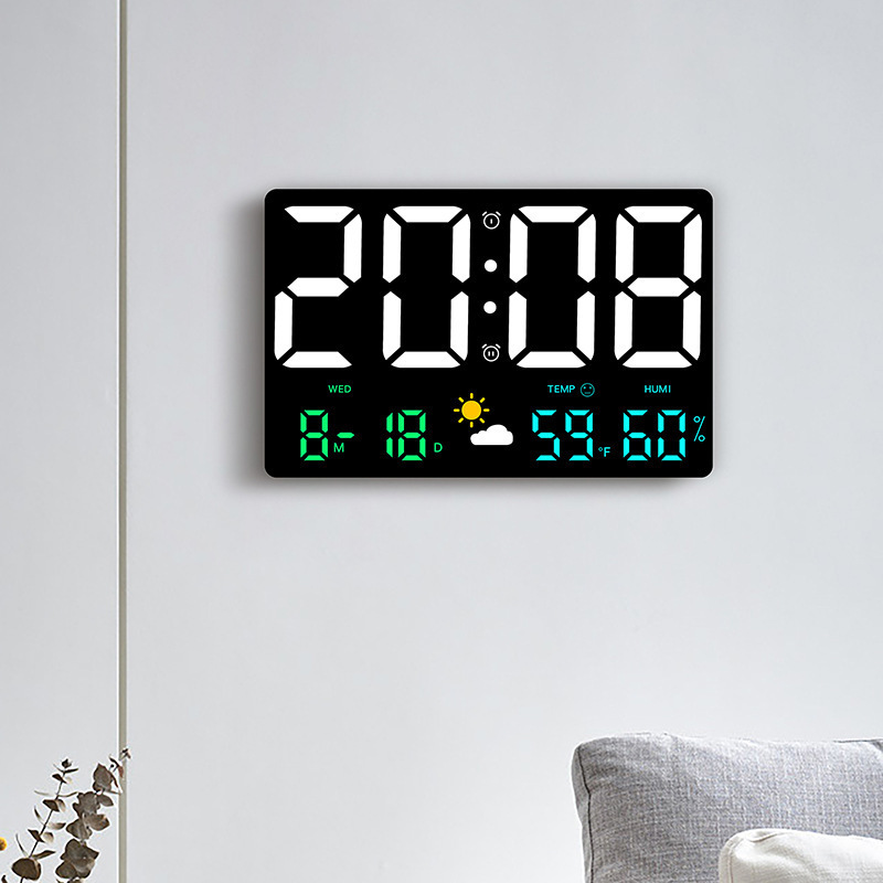 led digital wall clock with large display with day and date home weather station temperature humidity smart desktop clock