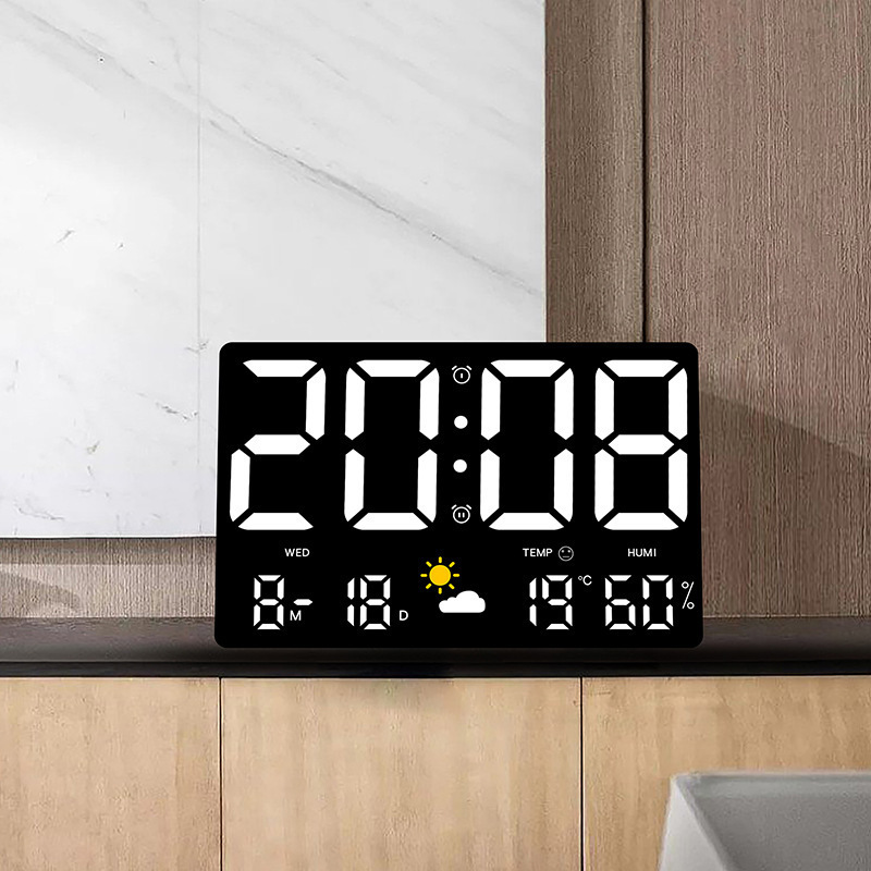 led digital wall clock with large display with day and date home weather station temperature humidity smart desktop clock