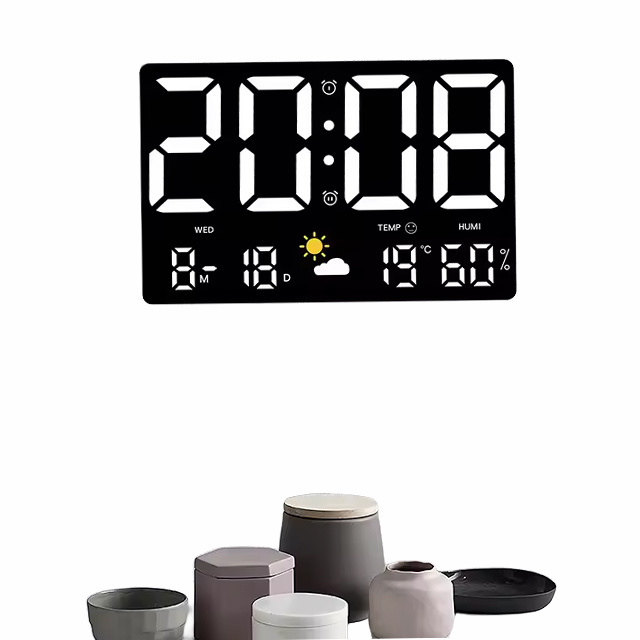 led digital wall clock with large display with day and date home weather station temperature humidity smart desktop clock