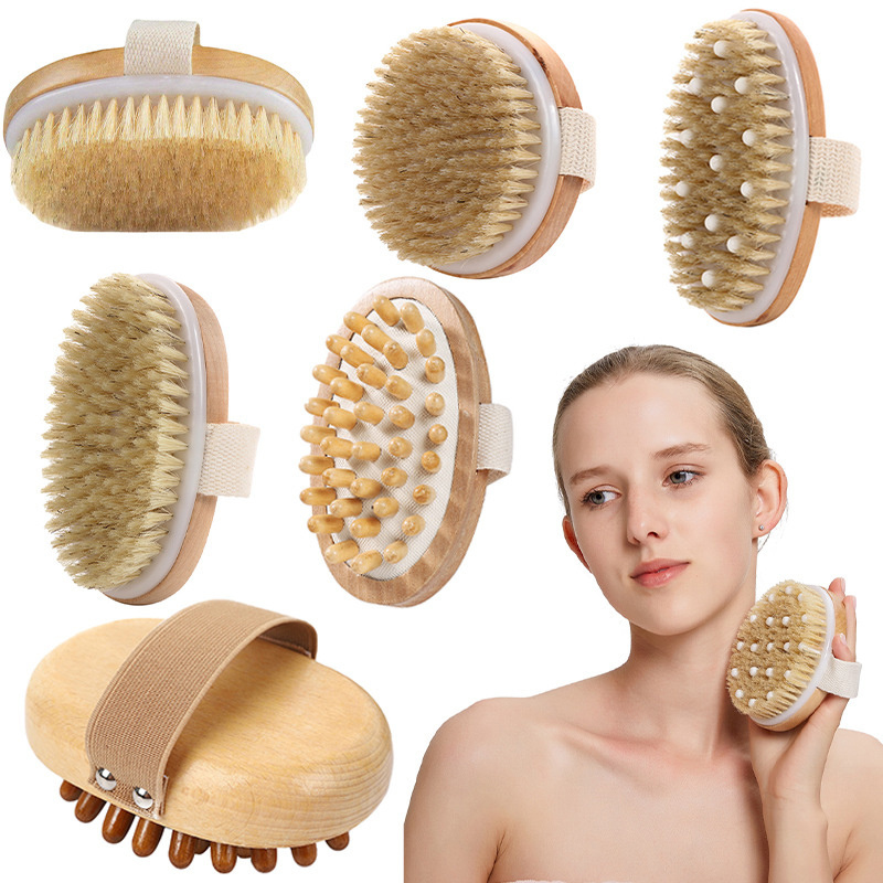 Custom Logo Natural Wooden And Boar Bristle Dry Body Cleaning Brush Bath Brush And Massage