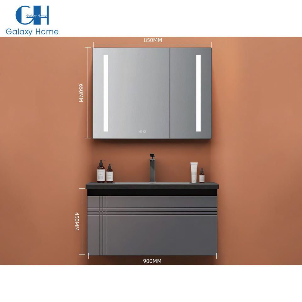 Dirt-proof high end gun grey hanging wall bathroom set 304 stainless steel luxury vanity cabinet with light