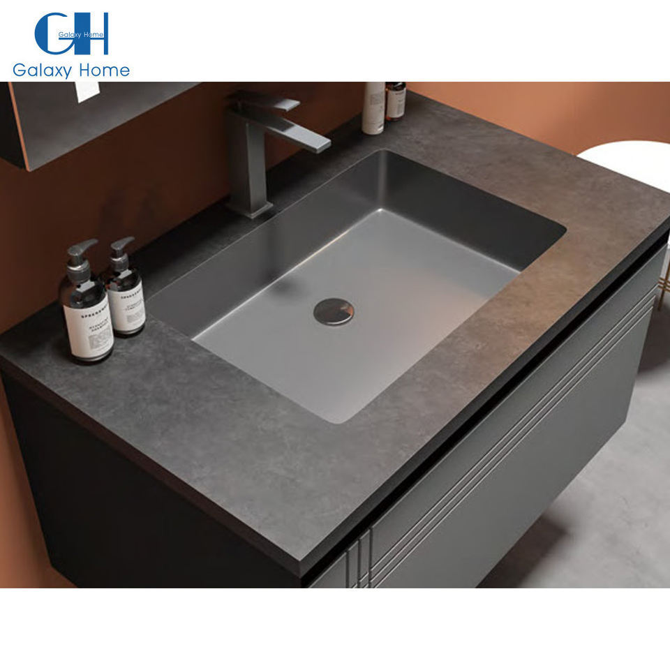 Dirt-proof high end gun grey hanging wall bathroom set 304 stainless steel luxury vanity cabinet with light