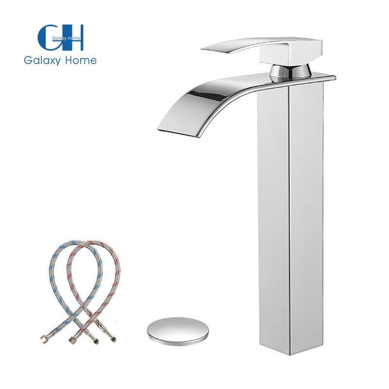 Polished Chrome Waterfall Spout Bathroom Faucet Tall Single Handle Bathroom Vessel Sink Faucet Rv Lavatory Vessel Faucet Basin