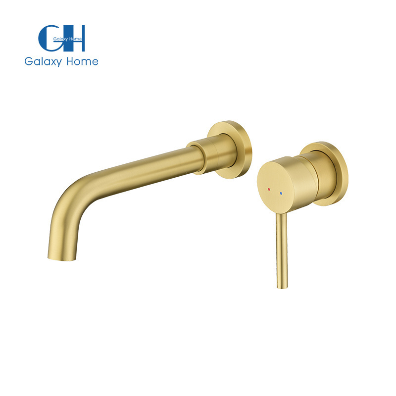 Brushed Gold Stainless Steel Wall Mounted Basin Faucet Mixer Tap with Single Handle Hot and Cold Water