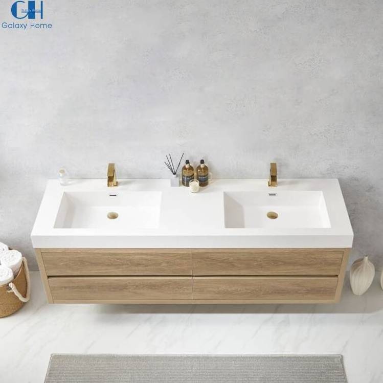 Hotel Bathroom Dual Sink Modern Floating Wall Mounted Solid Oak Wood Bathroom Vanity With Mirror Wash Basin