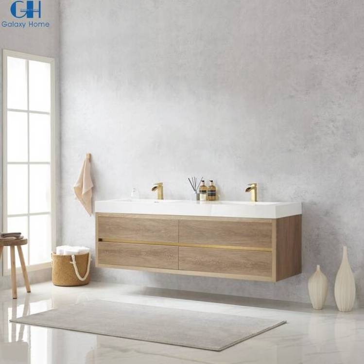 Hotel Bathroom Dual Sink Modern Floating Wall Mounted Solid Oak Wood Bathroom Vanity With Mirror Wash Basin