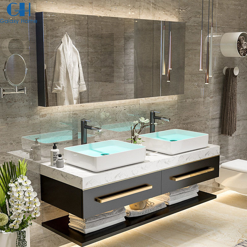 Luxury Wooden Panel Bathroom Vanity Cabinet Furniture With Single and Double Sinks And Mirror Wash Basin For Hotel Bathroom