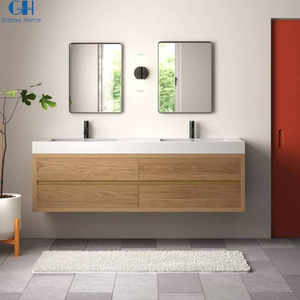 Hotel Bathroom Dual Sink Modern Floating Wall Mounted Solid Oak Wood Bathroom Vanity With Mirror Wash Basin