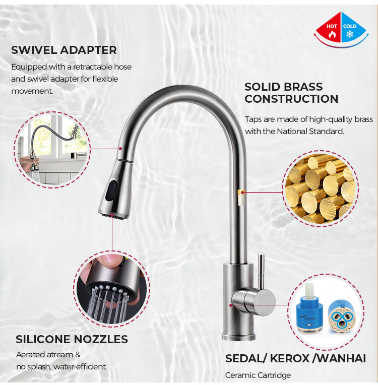 2023 Kitchen Faucet Stainless Steel 304 Water Tap Modern Kichen Kitchen Taps Brass Pull Out Sprayer Kitchen Mixer Sink Faucets