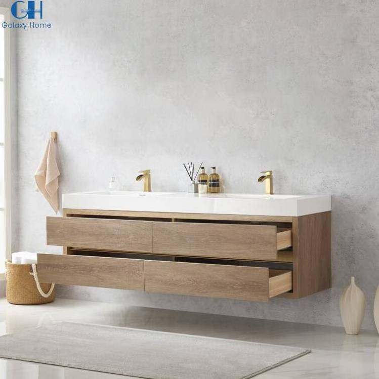 Hotel Bathroom Dual Sink Modern Floating Wall Mounted Solid Oak Wood Bathroom Vanity With Mirror Wash Basin