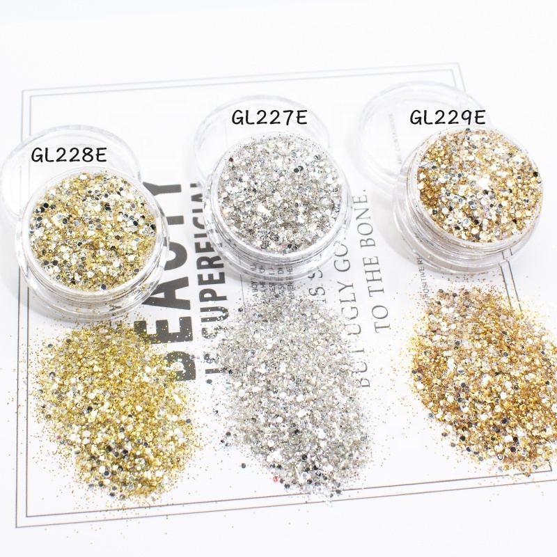 New Arrival High Flash Craft Golden Glitter Powder Chunky Mixed Nail Art PET Hexagonal Bulk Low MOQ Printed Materials