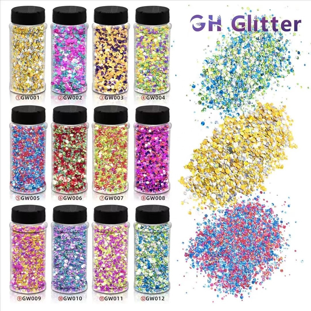 Hot Sale Subpackage Dot Chunky Mixed Glitter Powder 1mm 2mm 3mm Round oz Bottled Nail Art Starry Colors Sequin DIY Wholesale