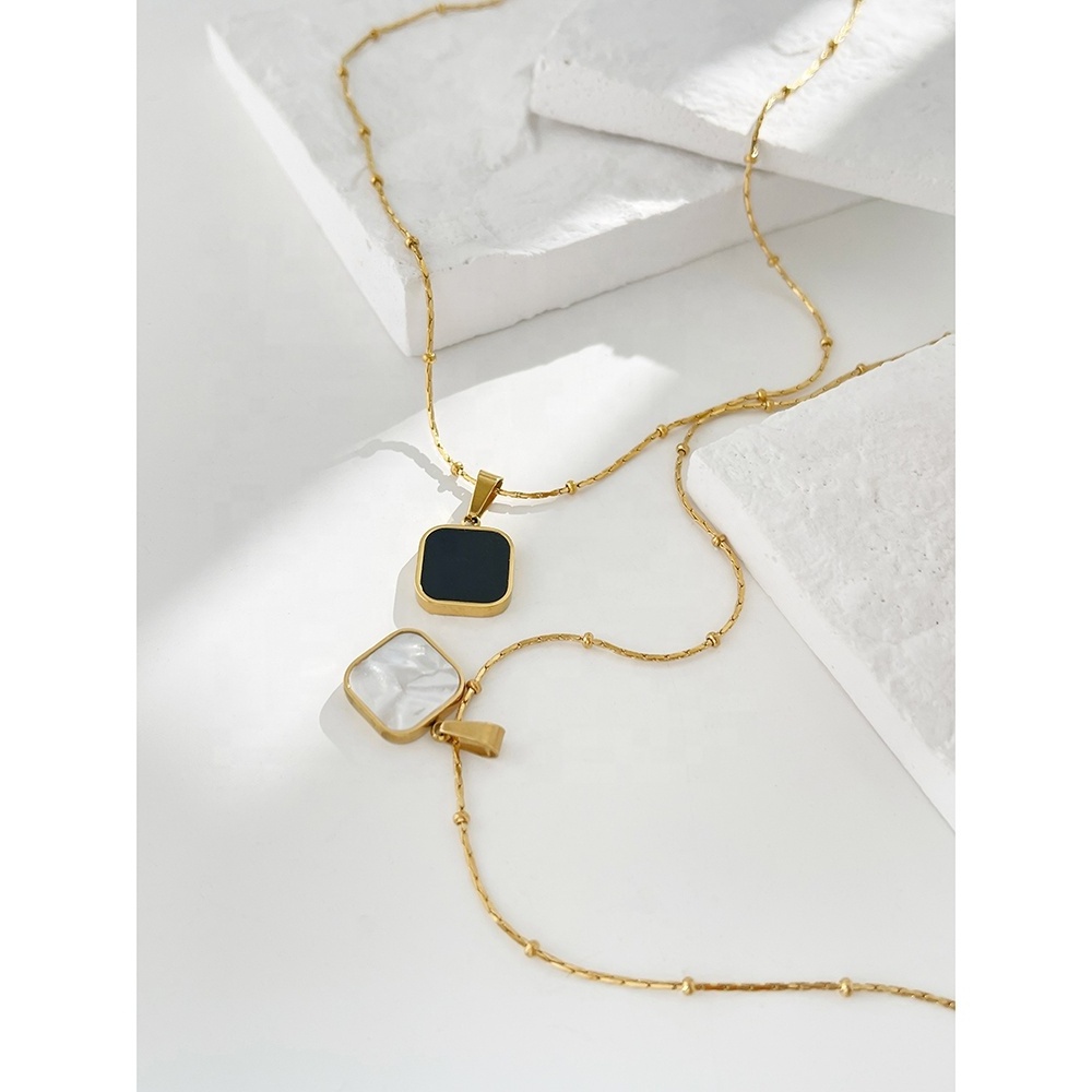 N0581 trendy 18k gold stainless steel thin chain choker dainty square black white natural shell pendant necklace fine jewellery