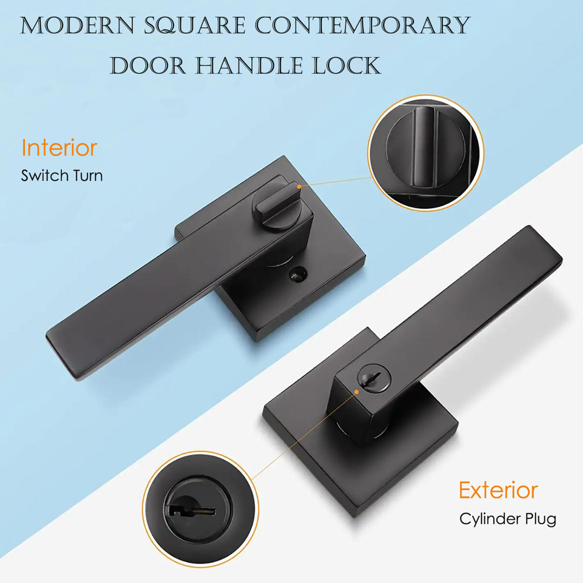 Popular square rose modern design Zinc alloy matt black interior lever door handle lock