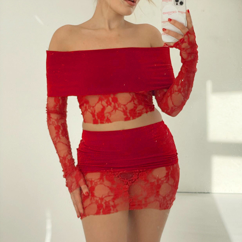 Women's 2024 New Patchwork Lace Mesh See Through One Shoulder Top And Short Skirt Two Piece Set