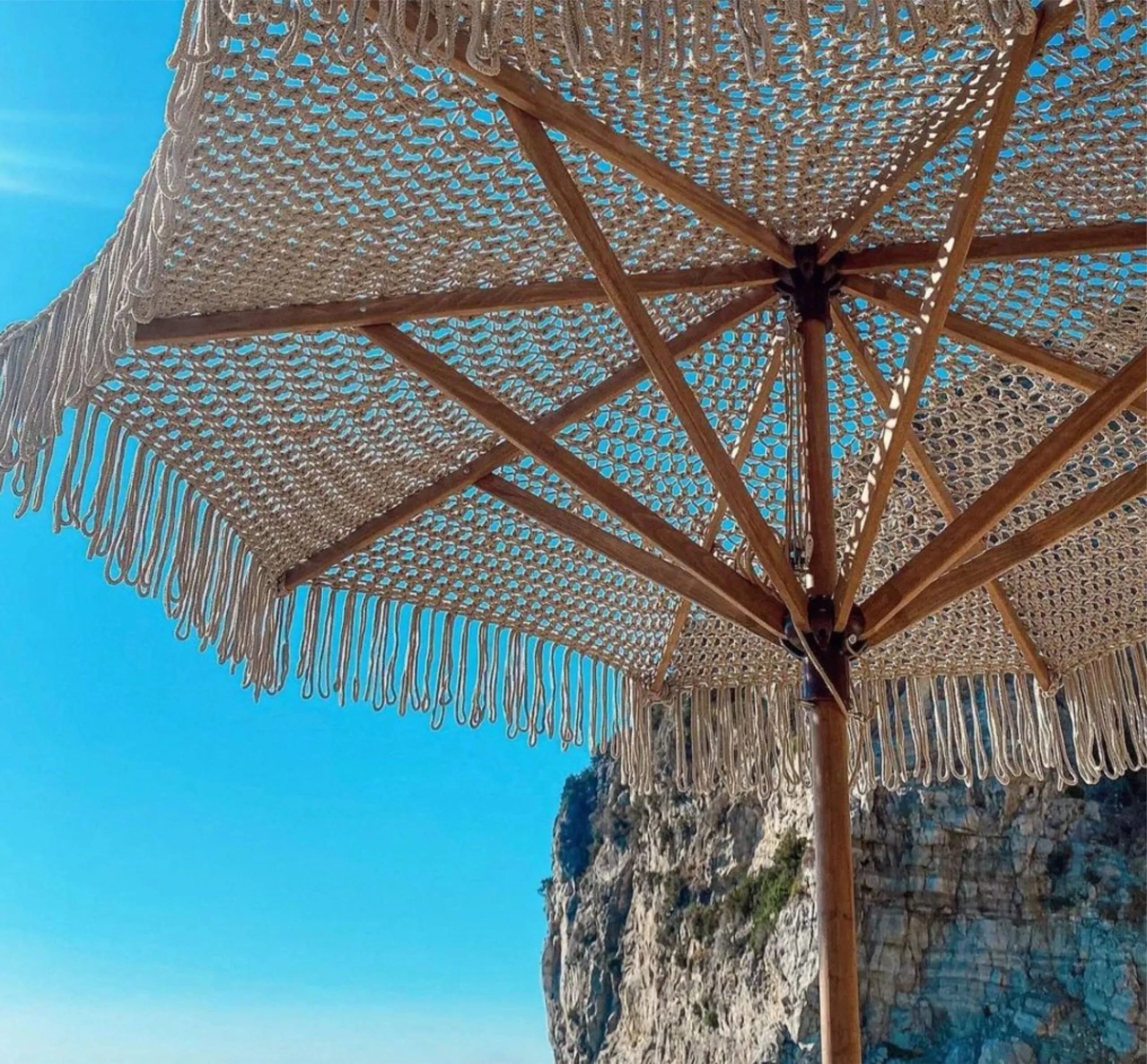 Macrame Outdoor Umbrella |  Premium Patio Woven Canopy  Beach Umbrella with Fringes Macrame Cotton Fringe Beach Umbrella