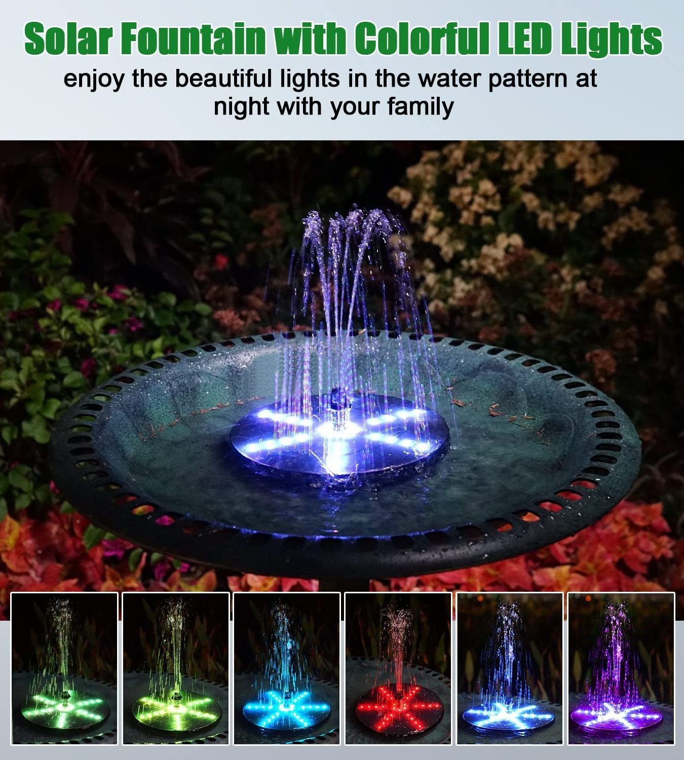 Creative Solar Fountain Water Pump with 7 Nozzles and 4 Fixers for Garden Pond Pool 4W Bird Bath Fountains and 30 LED Lights