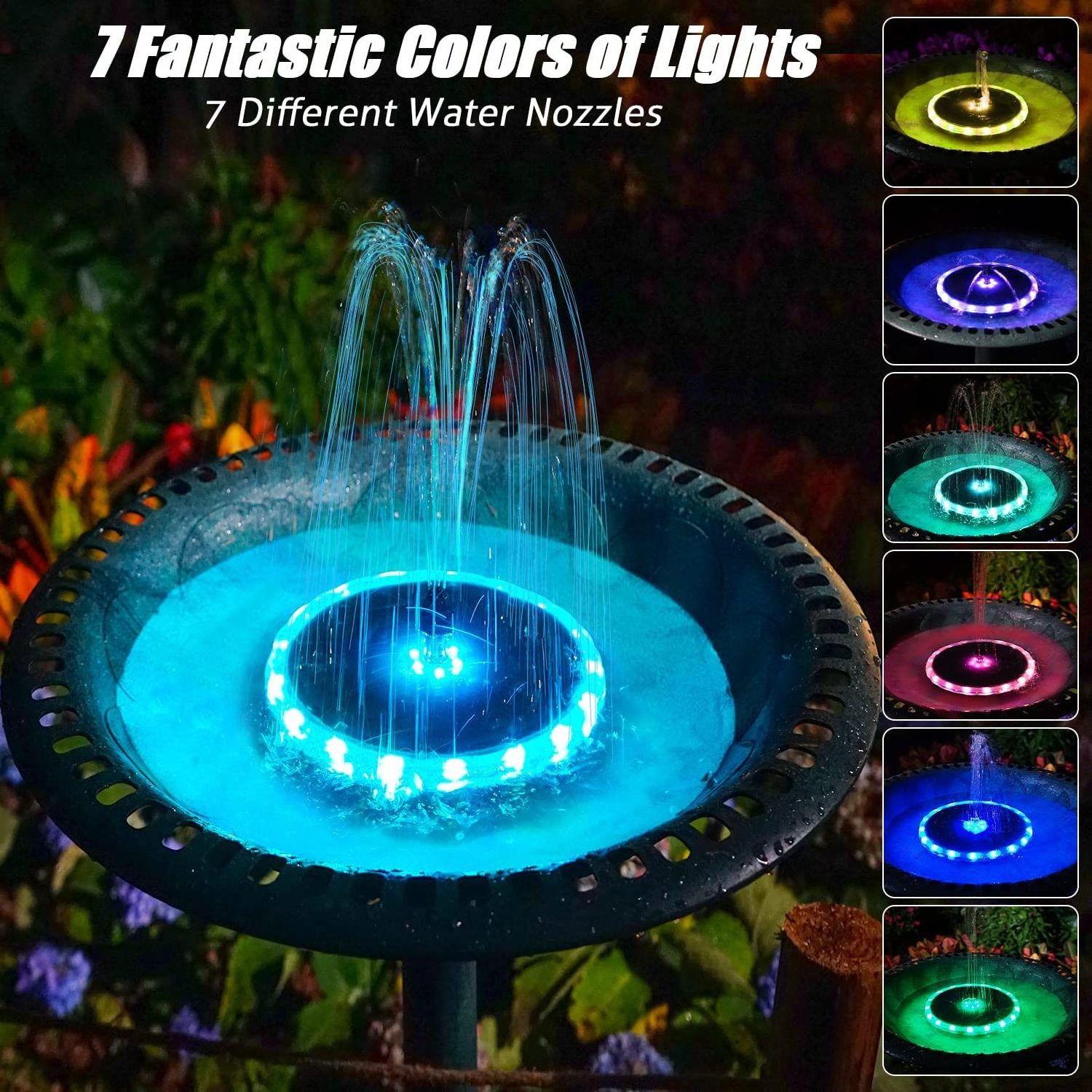 4W 4000mAh Battery Color LED Lights Outdoor Solar Fountain Pump with 7 Nozzles and 4 Fixers for Garden Pool Pond Decoration