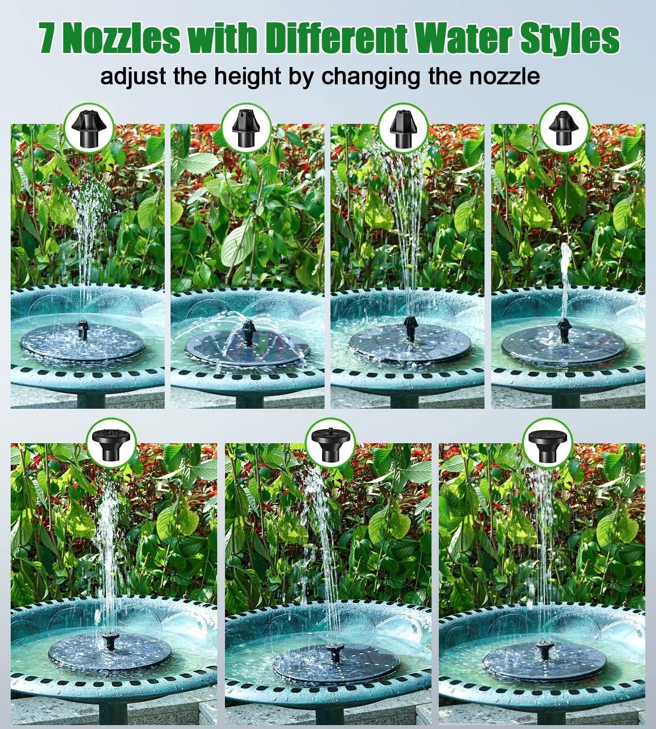 Creative Solar Fountain Water Pump with 7 Nozzles and 4 Fixers for Garden Pond Pool 4W Bird Bath Fountains and 30 LED Lights