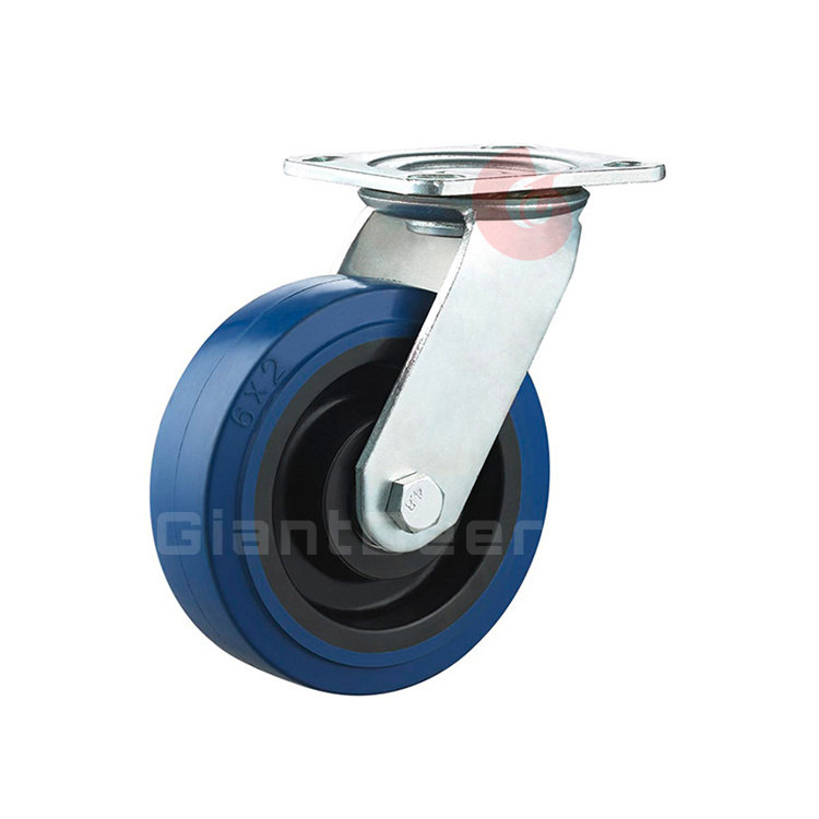 Industrial Double Bearings Blue Elastic Rubber Wheel Caster 4 Inch 5 Inch 6 Inch 8 Inch Heavy Duty Caster Wheels With Lock