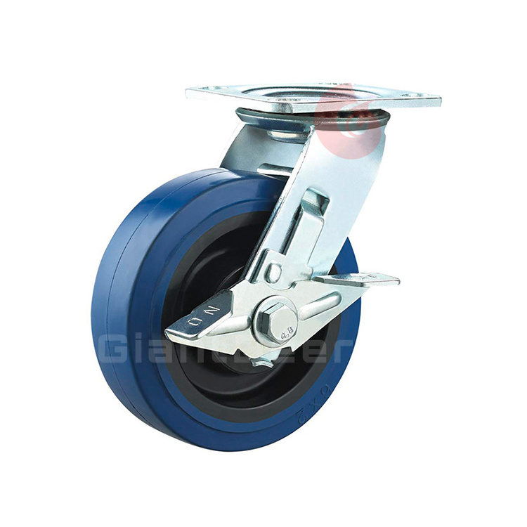 Industrial Double Bearings Blue Elastic Rubber Wheel Caster 4 Inch 5 Inch 6 Inch 8 Inch Heavy Duty Caster Wheels With Lock