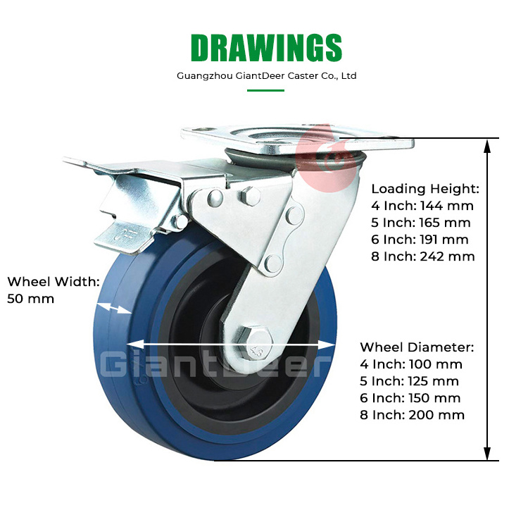 Industrial Double Bearings Blue Elastic Rubber Wheel Caster 4 Inch 5 Inch 6 Inch 8 Inch Heavy Duty Caster Wheels With Lock