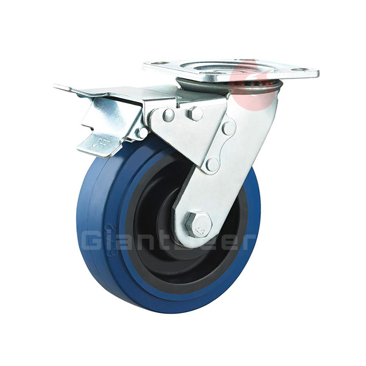 Industrial Double Bearings Blue Elastic Rubber Wheel Caster 4 Inch 5 Inch 6 Inch 8 Inch Heavy Duty Caster Wheels With Lock