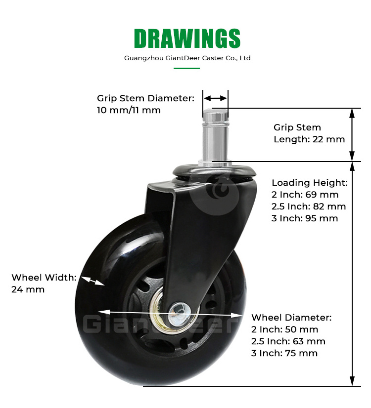 New Design 50mm 63mm 75mm Swivel Black Transparent PU Caster Wheel For Office Chair