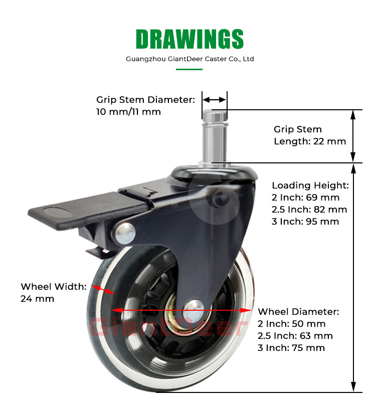 Cheap Factory Price 2 Inch 2.5 Inch 3 Inch Furniture Stem PU Office Chair Caster Wheels