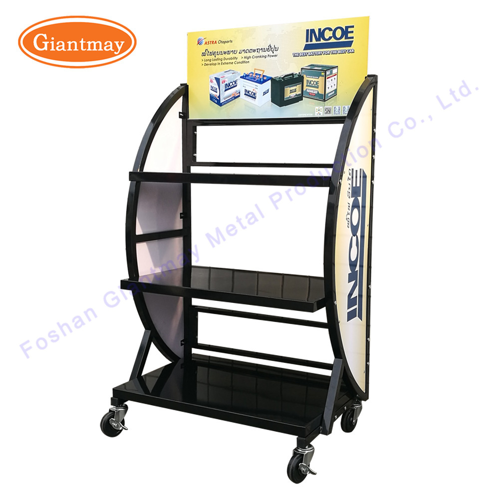 high quality floor standing car battery advertising display with wheels rack