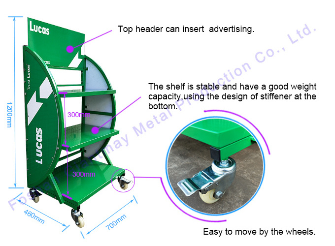 high quality floor standing car battery advertising display with wheels rack