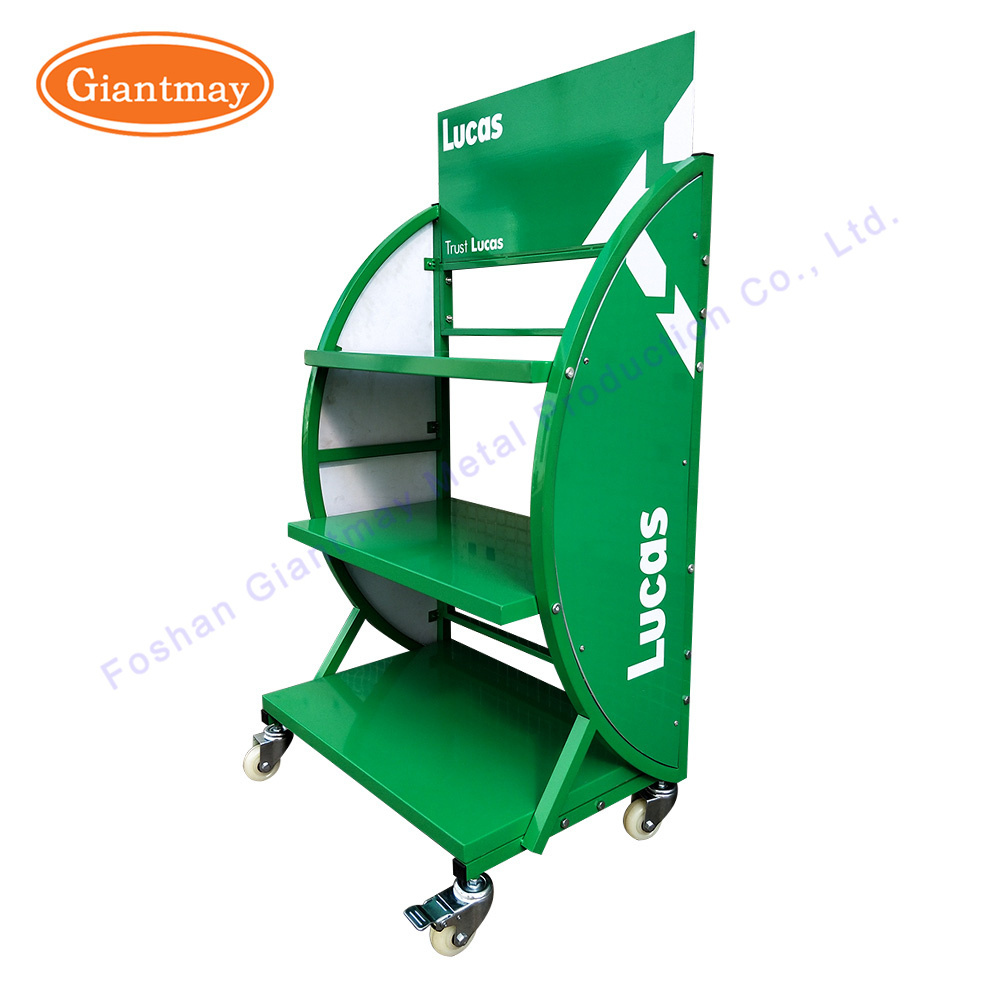 high quality floor standing car battery advertising display with wheels rack