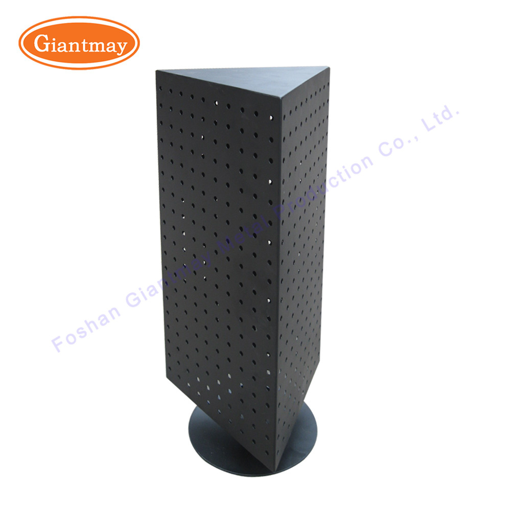 Wholesale small size triangle counter rotating metal pegboard floor display shelf stand