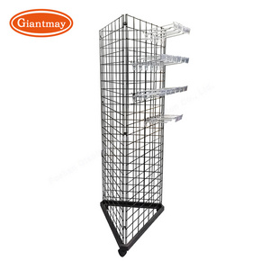 3 Side Black Steel Wire Grid Triangle Tower Retail Store Shopping Display Rack With Casters Rolling