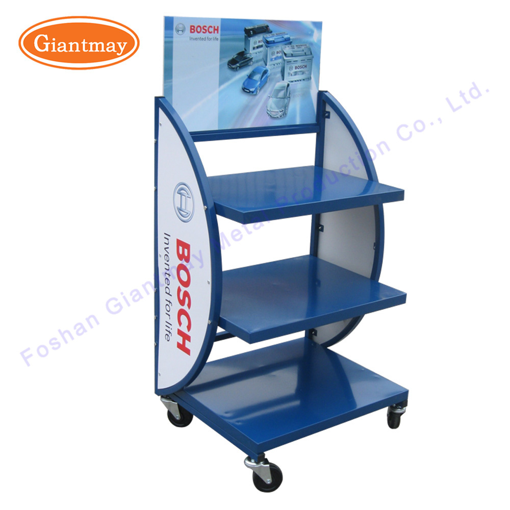 High quality 3 tiers metal heavy duty car battery storage display rack for car parts accessories with wheels