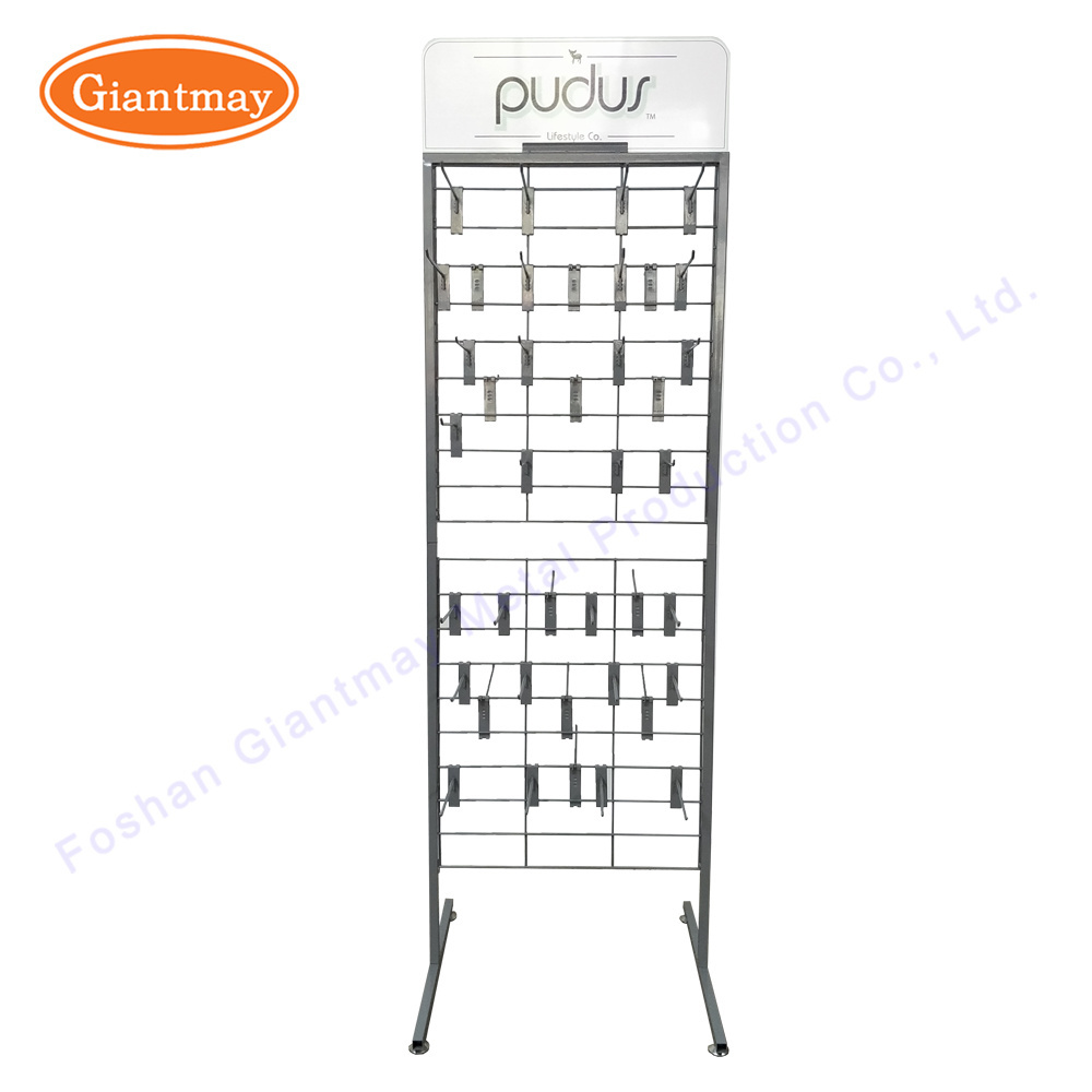 Free Standing Metal Production Grid Mesh Hanging Display Stand Metal Retail Floor Racks