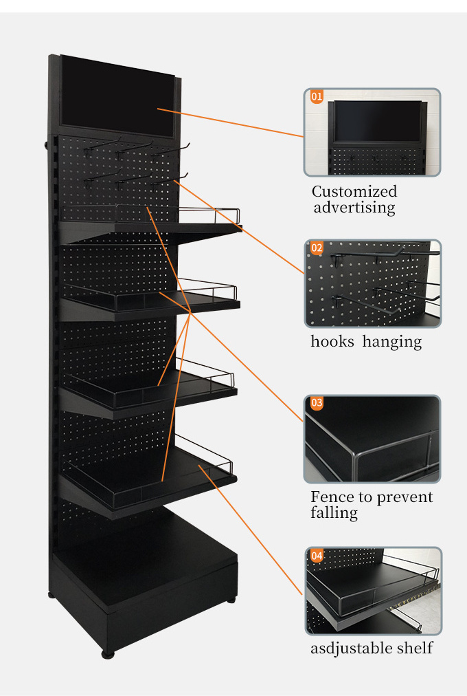 Custom Multipurpose Store Shop Metal Pegboard Accessories Display Rack Shelf Display Stand