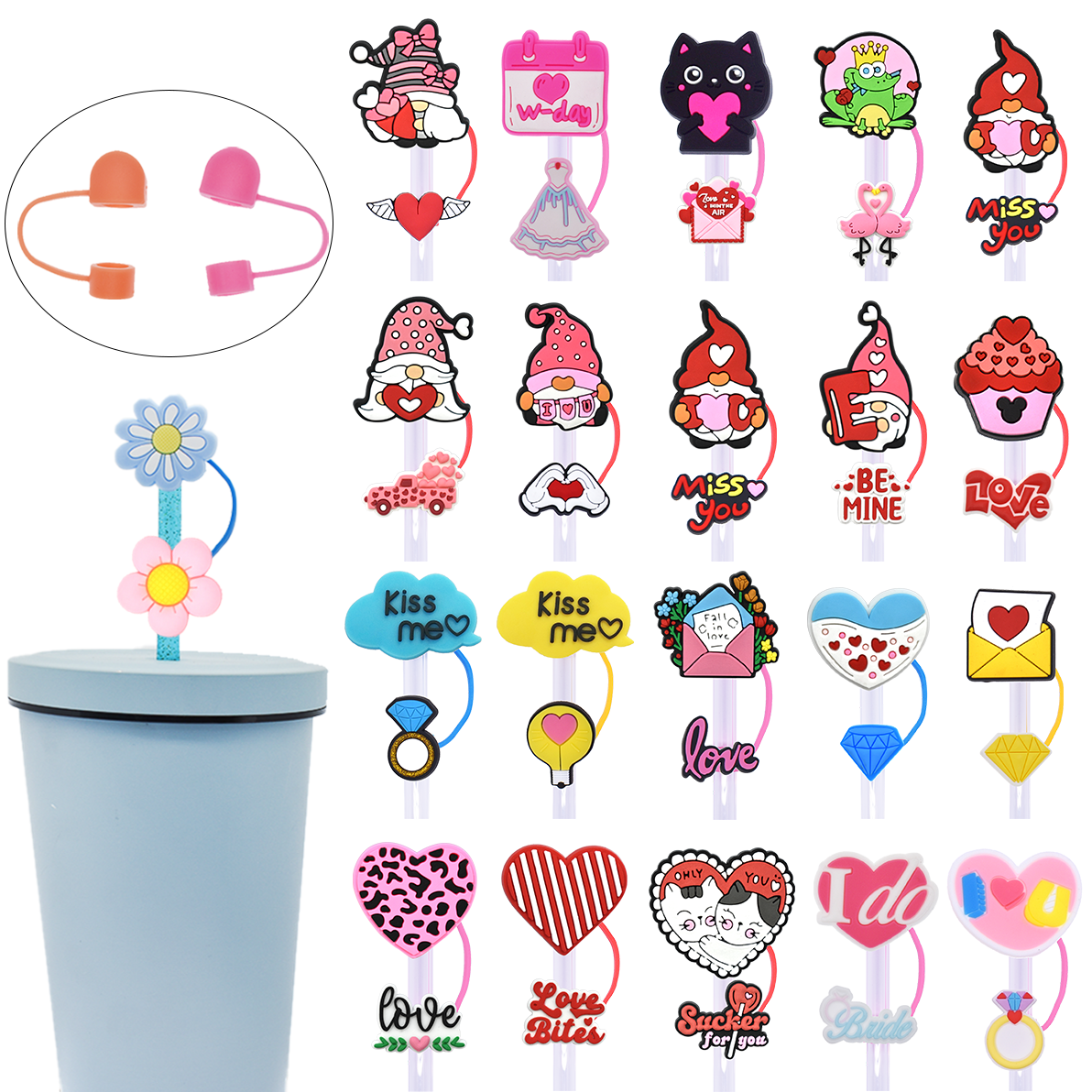 New Products Custom Straw Topper Valentine's Day Straw Topper Charms Heart Tumbler Topper With Water Bottle