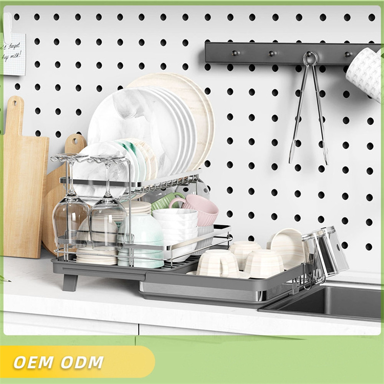 Hot NEW 5 IN 1  Kitchenware Organizer 304 Stainless Steel 2 Tier Drainer Dish Rack With Cups And Cutting Board Holder