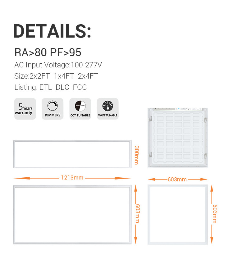 High bright smart Office Panel Backlit Recessed Ceiling 3500K/4000K/5000K 3CCT 30W/35W/40W LED Panel Light with ETL DLC