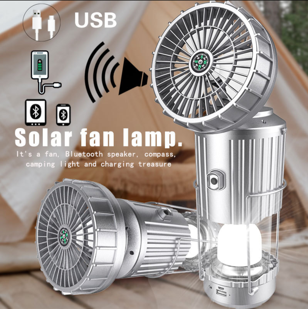 GIENCO USB charge LED Camping Lanterns Crank Hand Solar Portable Camping Light with Plastic Fan and Speaker