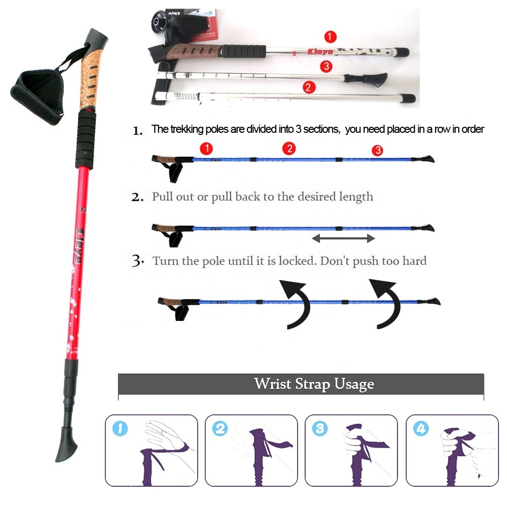 Cork Grip Padded Strap Quick Adjust Flip Lock Walking Sticks Lightweight 3 Section Nordic Strong Aircraft Aluminum Hiking Poles