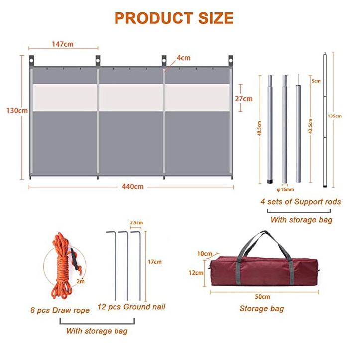 Multifunction UV sun protection easy installation camping windproof PVC window paravent 300d oxford waterproof beach windscreen