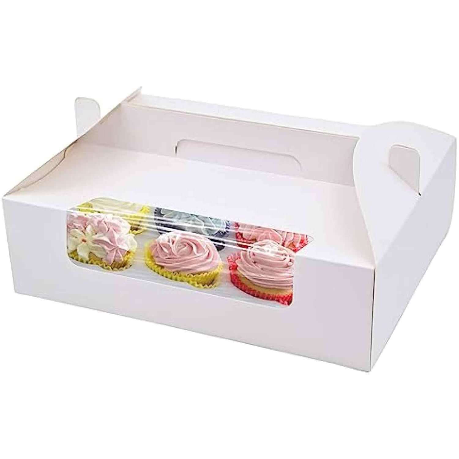 Food Grade White Card Board Paper Cupcake Bakery Carrier Pastry Packaging Gable Box With Clear Window