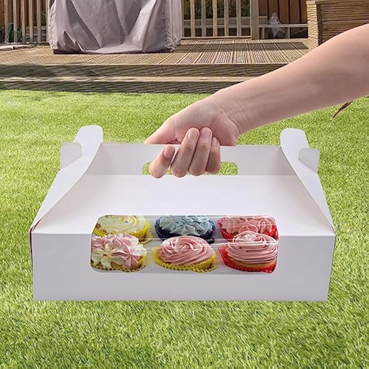 Food Grade White Card Board Paper Cupcake Bakery Carrier Pastry Packaging Gable Box With Clear Window