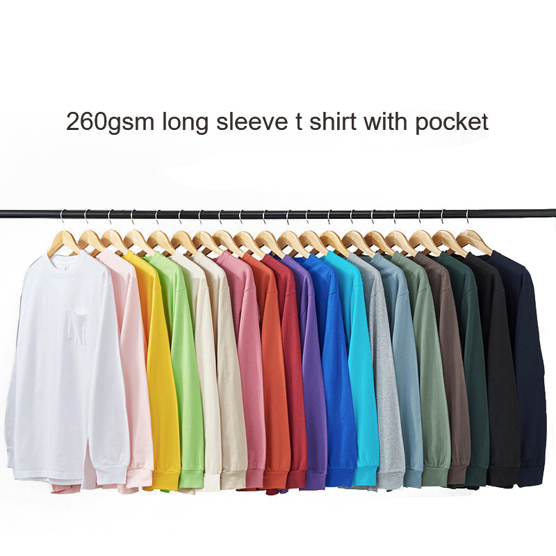 Wholesale 2024 new 260gsm heavyweight crewneck plain 100% cotton long sleeve t shirt with pocket unisex causal tshirts for men